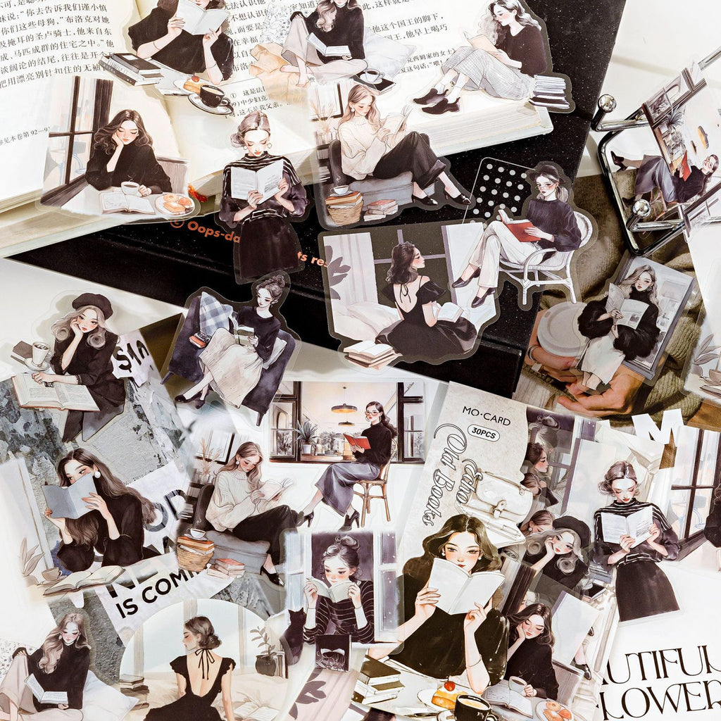 30 Pcs Reading Girl PET Stickers YYDSS