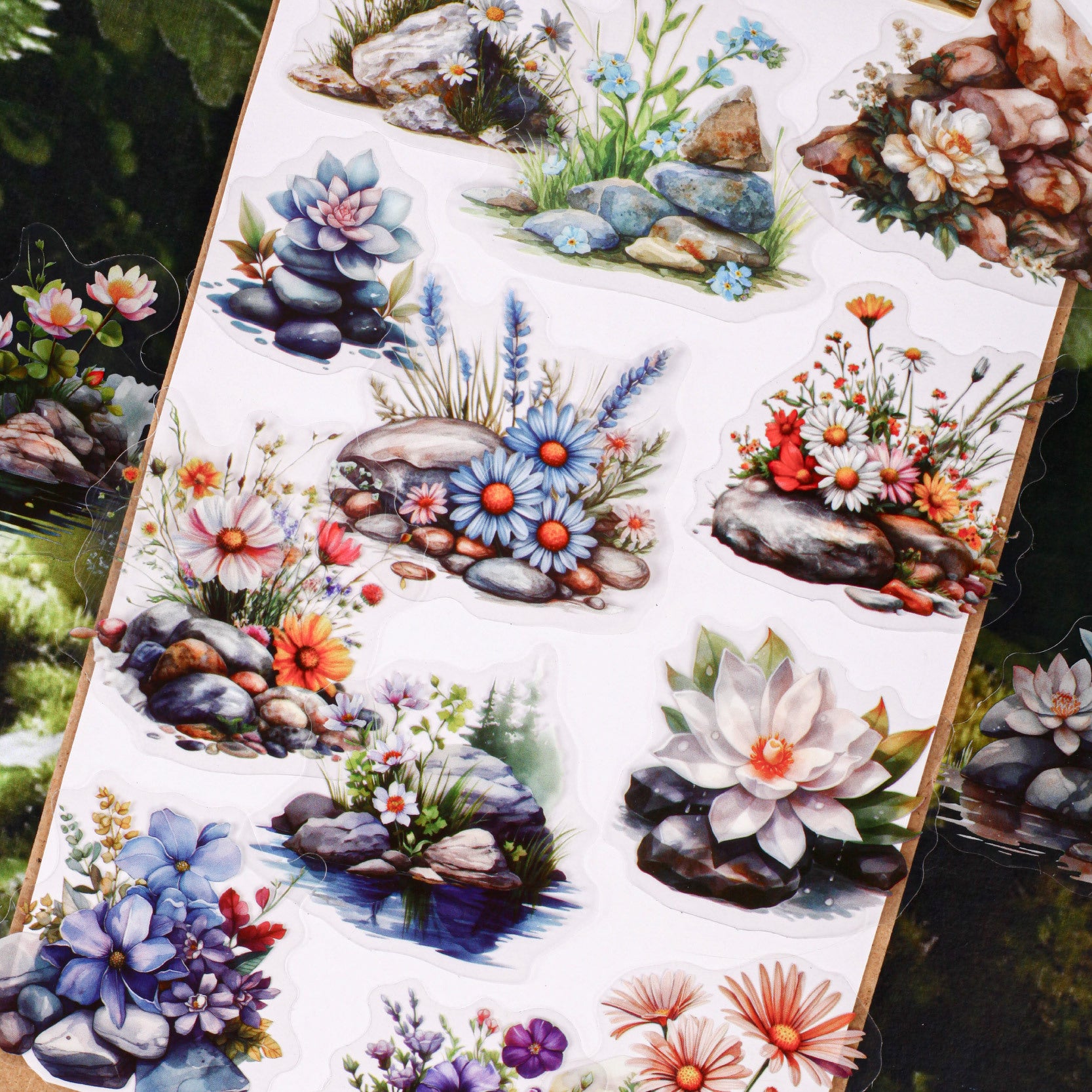 16 Pcs Flower and Stone PET Stickers LJHX