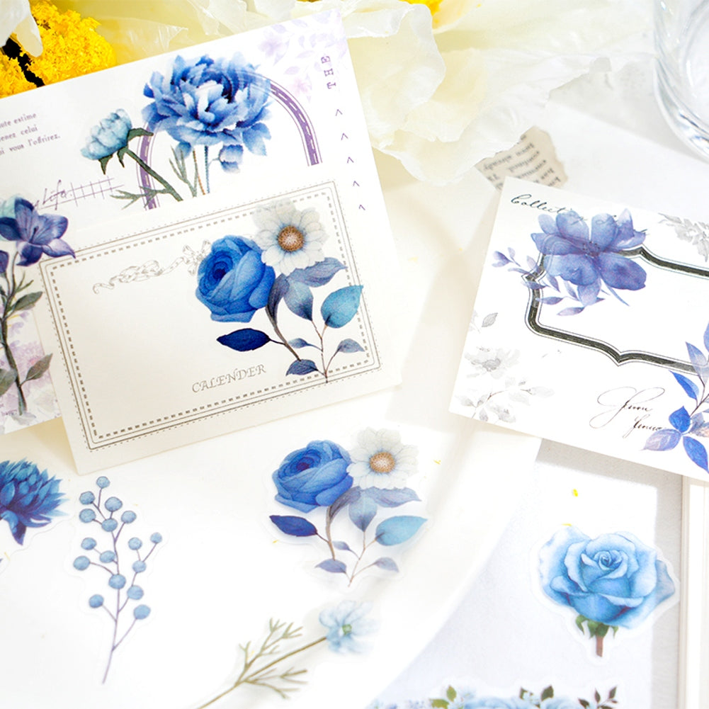100 Pcs Watercolor Botanical Flowers Stickers - Blue