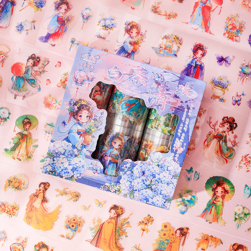 6 Rolls Chinese Classic Girl PET Stickers Tape BCQH