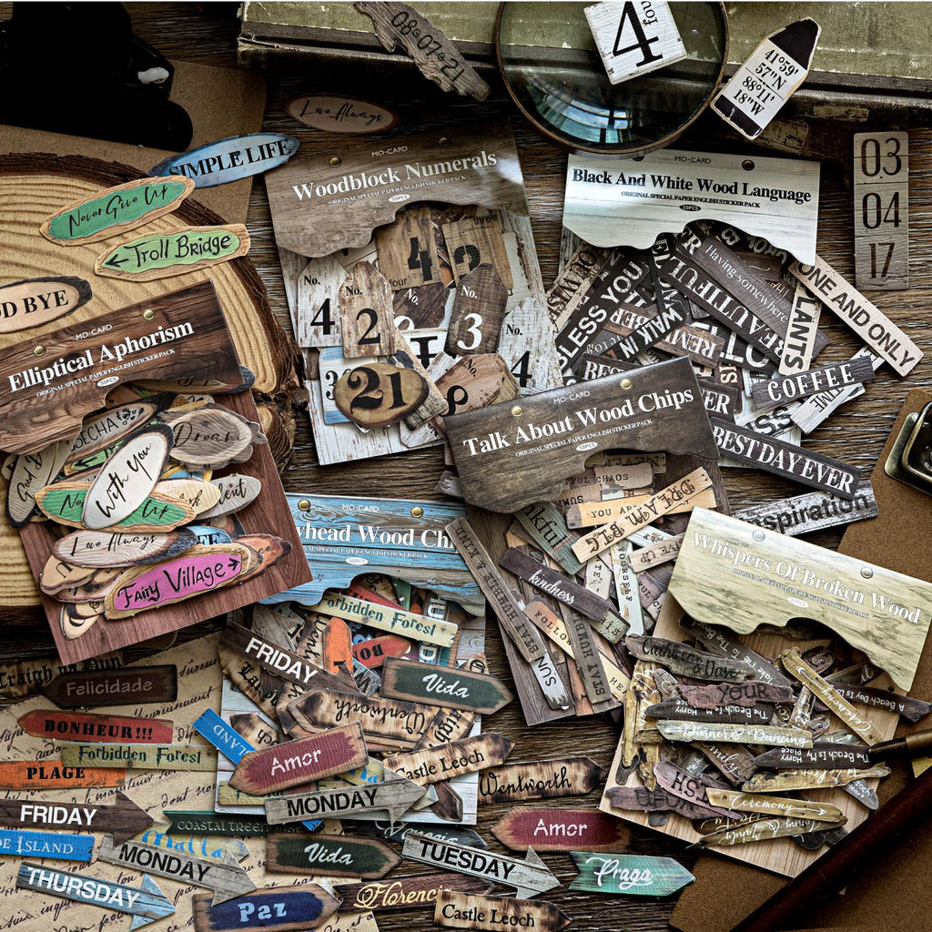 50 Pcs Wooden Themed Words Stickers ZJMY