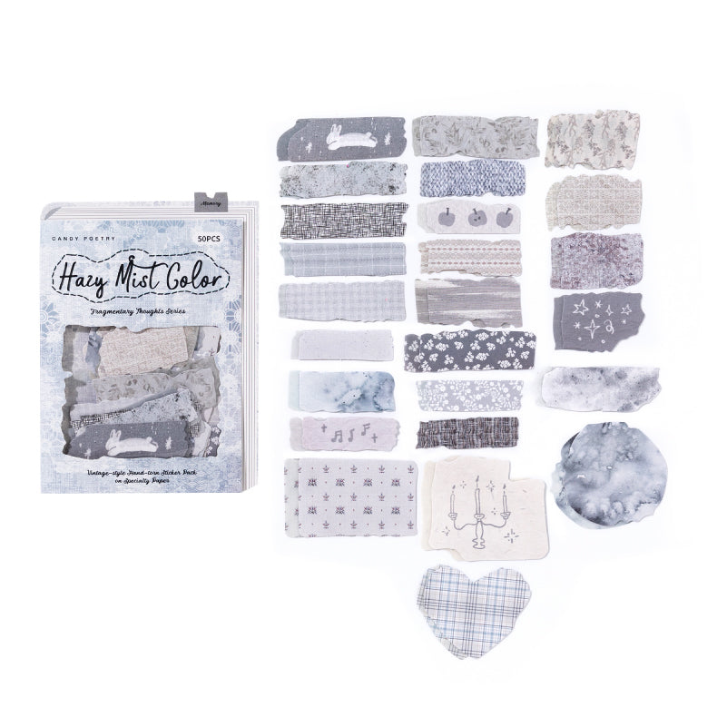 50 Pcs Japanese Vintage Hand-Torn Washi & Linen Stickers -  Grey