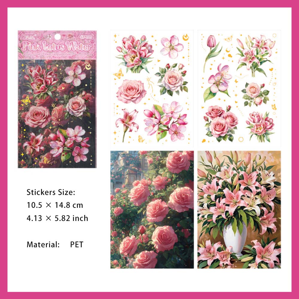 4 Sheets PET Flower Stickers HYXF