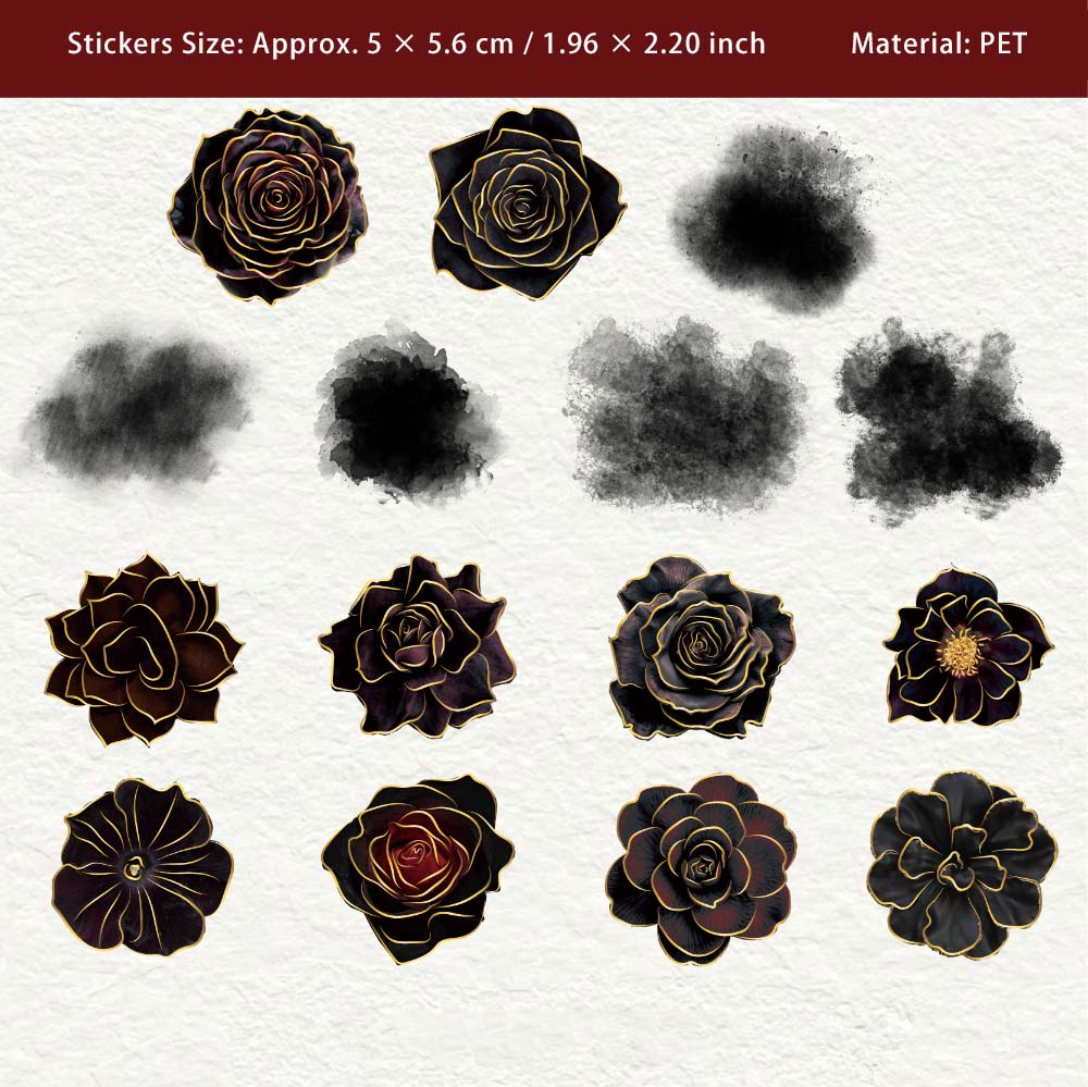 30 Pcs Gilitter Black Flower PET Stickers YSXL