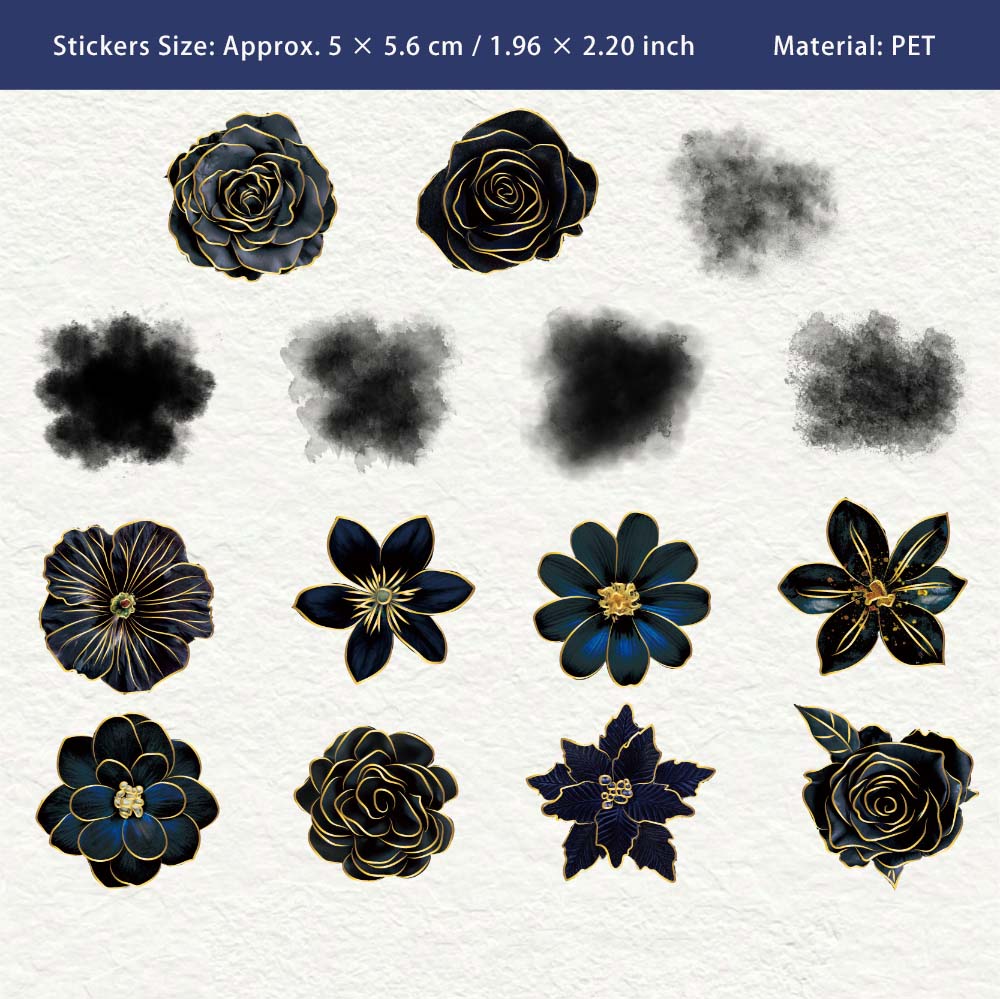 30 Pcs Gilitter Black Flower PET Stickers YSXL