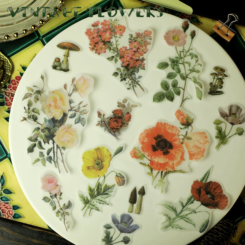 Vintage flower and mushroom scrapbook sticker assortment