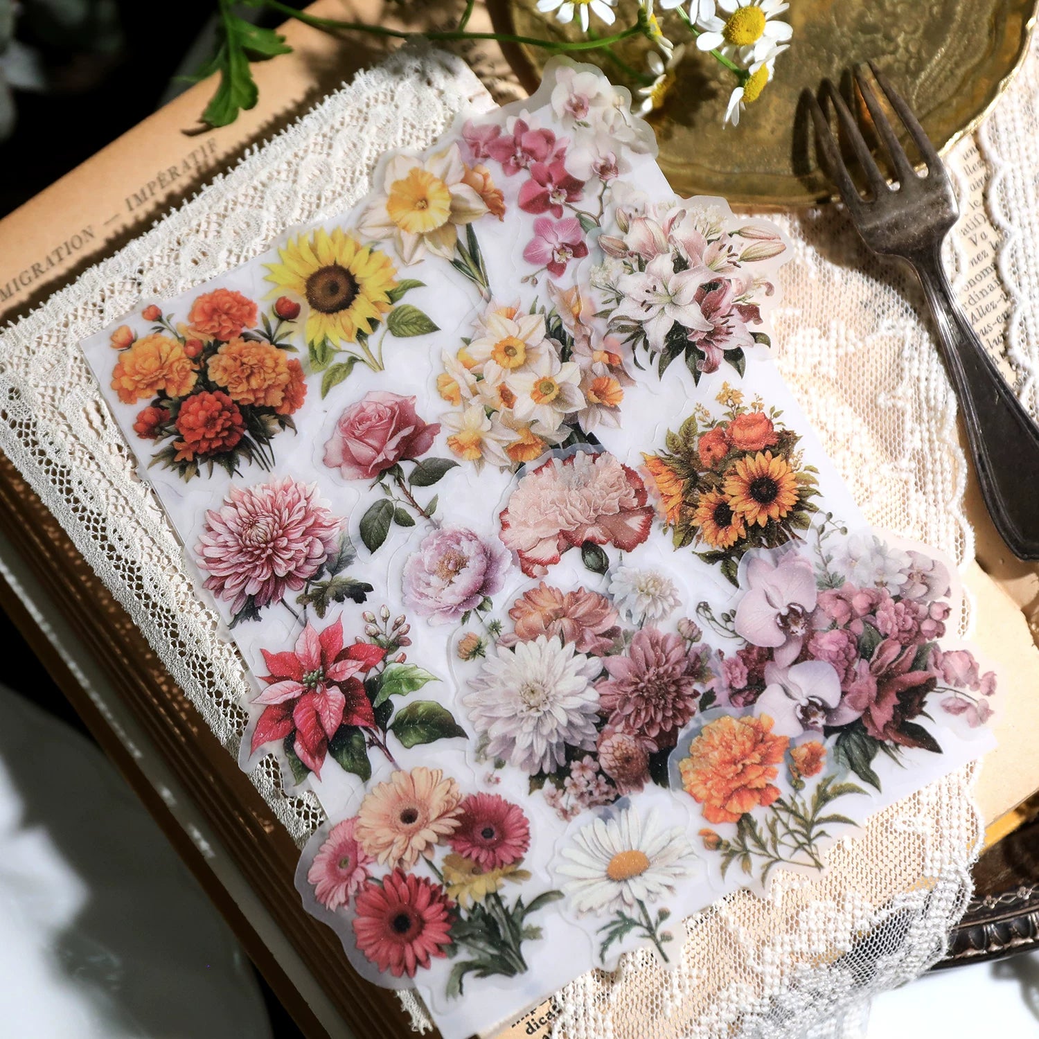 Colorful vintage floral scrapbook sticker assortment