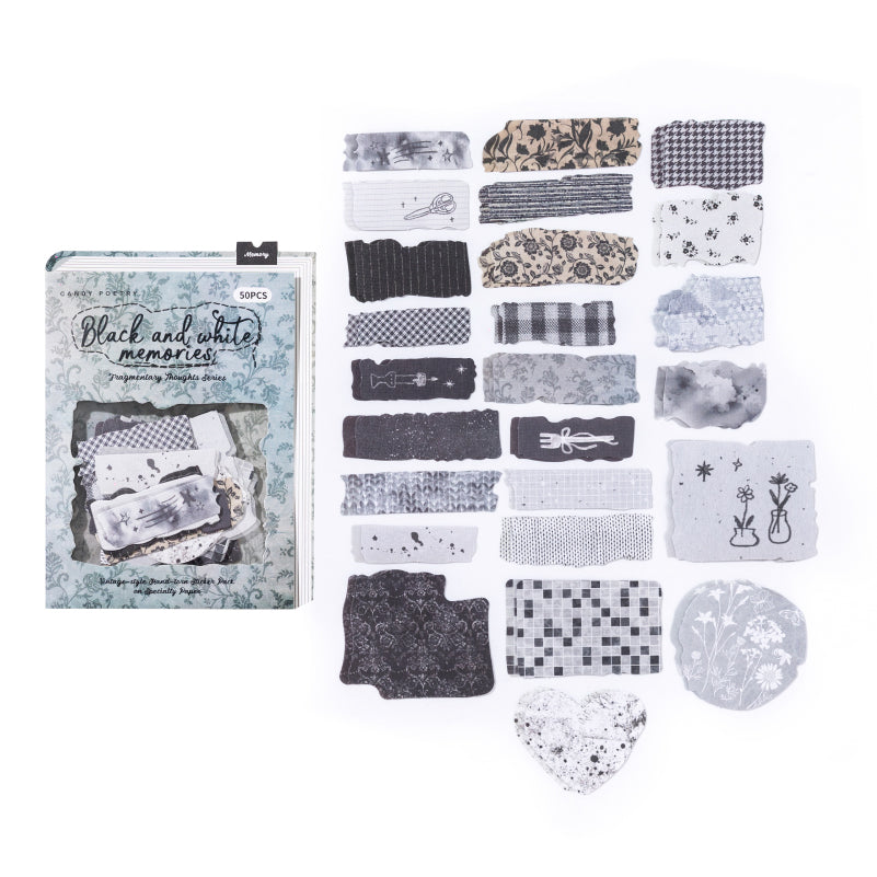 50 Pcs Japanese Vintage Hand-Torn Washi & Linen Stickers - Dark