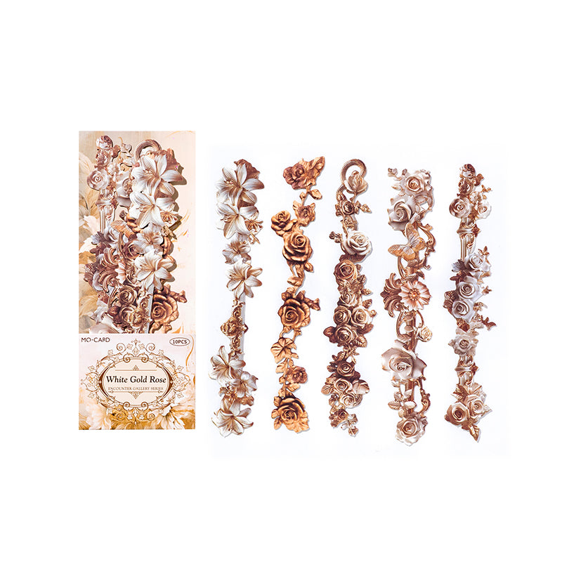 10 Pcs Vintage Baroque Relief Floral Kraft Stickers - Gold