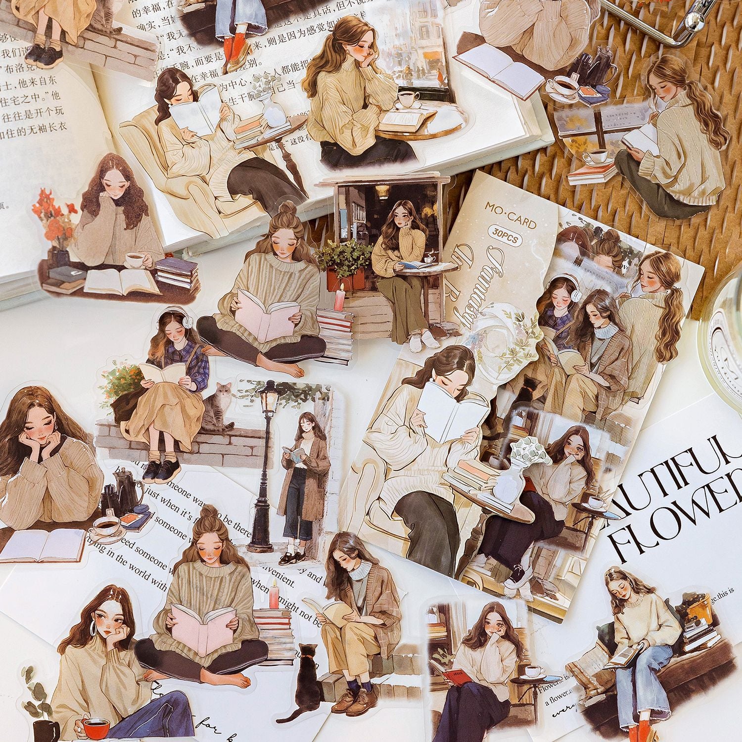 30 Pcs Reading Girl PET Stickers YYDSS