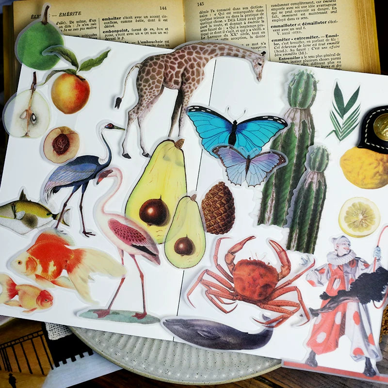 Vintage animals fruits and plants journaling stickers
