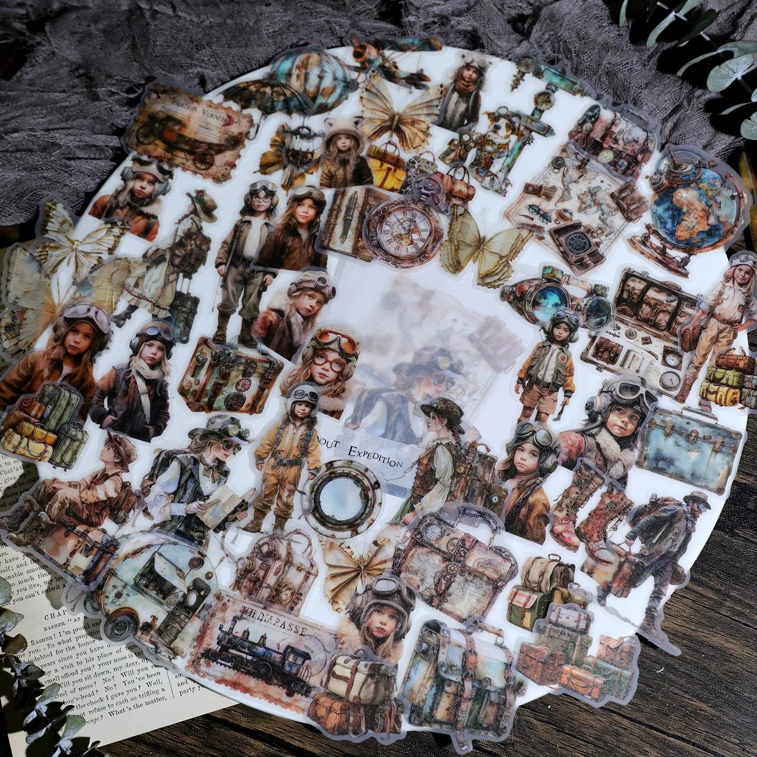 Vintage explorers luggage and map journaling stickers