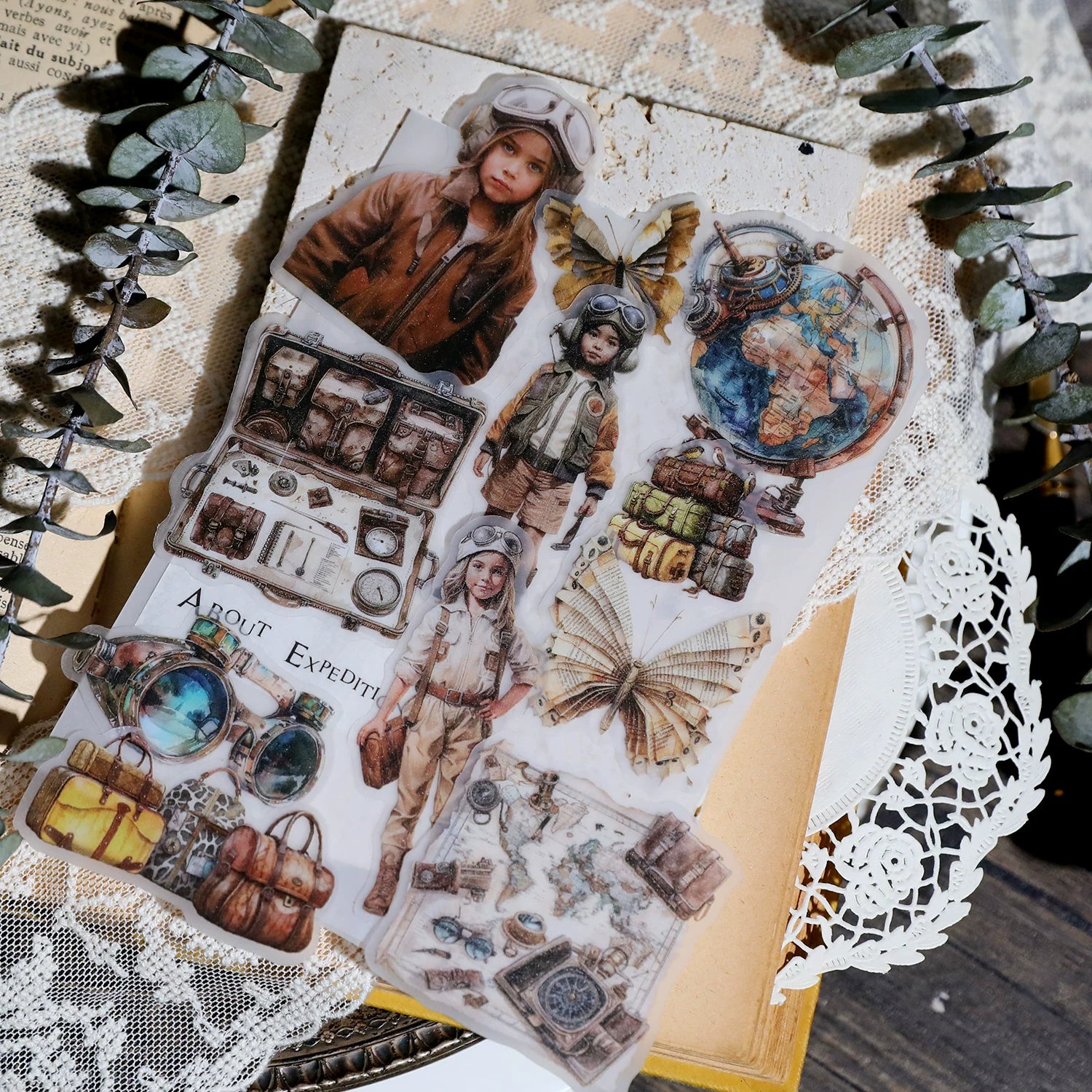 Retro adventure luggage maps and compass stickers
