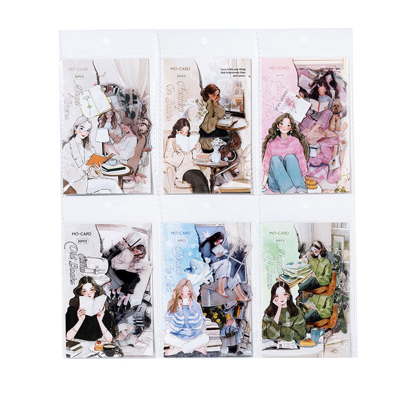30 Pcs Reading Girl PET Stickers YYDSS