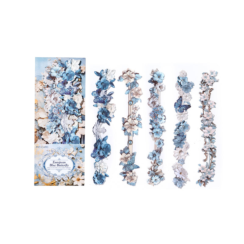 10 Pcs Vintage Baroque Relief Floral Kraft Stickers - Blue