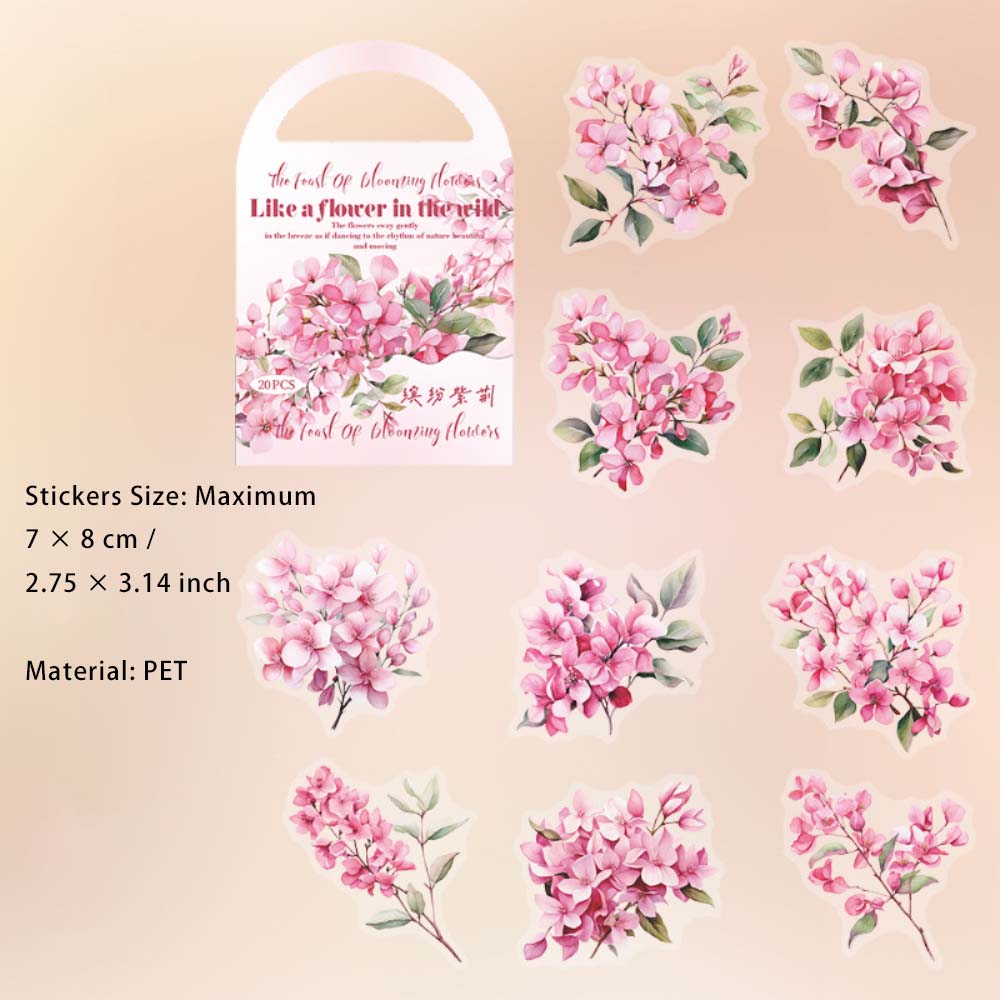 20 Pcs Pink Vine Flower PET Stickers FHSY