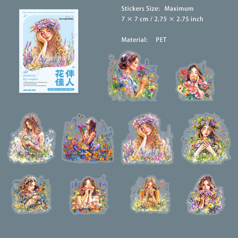 20 Pcs Flower Girl PET Stickers HTLDSN