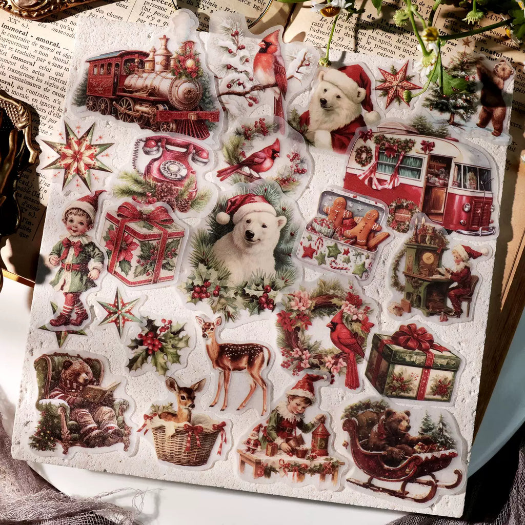 Retro Christmas trees sleigh and camper scrapbook stickers