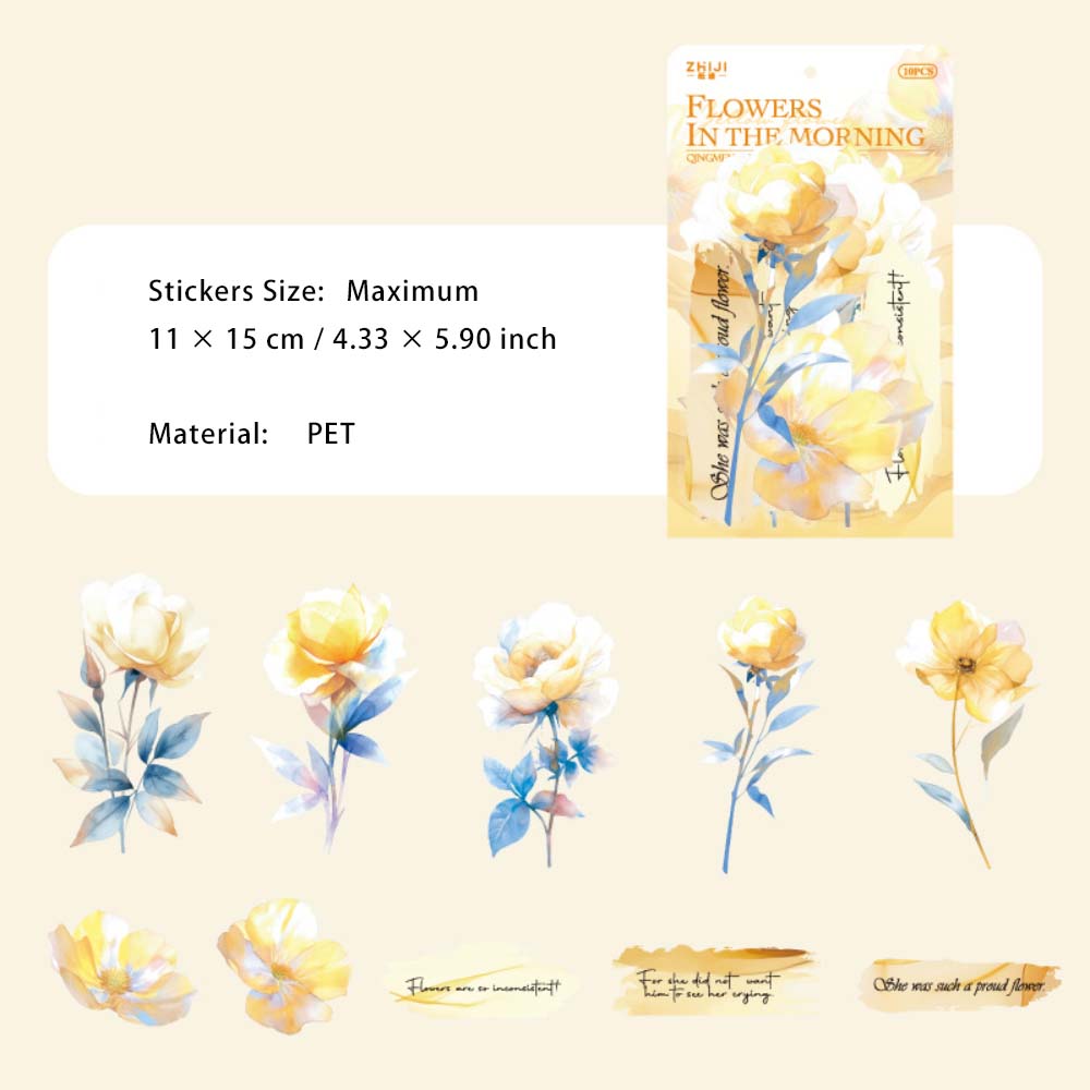 10 Pcs Watercolor PET Flower Stickers QMHD