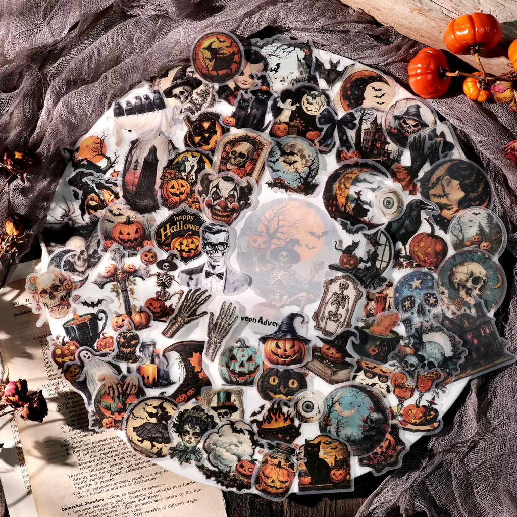 65PCS vintage Halloween vellum scrapbook stickers with pumpkins ghosts skulls ravens and gothic designs