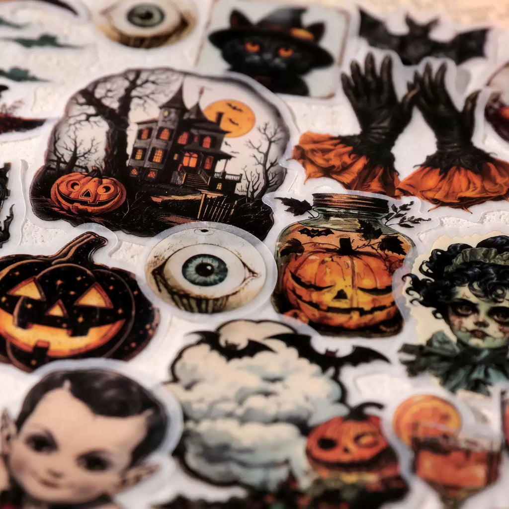 Vintage Halloween paper stickers with spooky retro illustrations for journaling and paper crafts