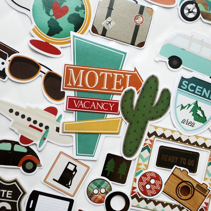 Retro road trip vehicles and signs journaling stickers