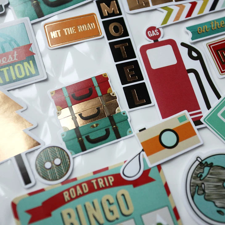 Road trip map luggage and motel scrapbook stickers