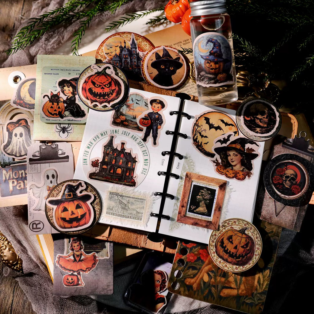 Vintage Halloween pumpkin ghost witch and skull stickers