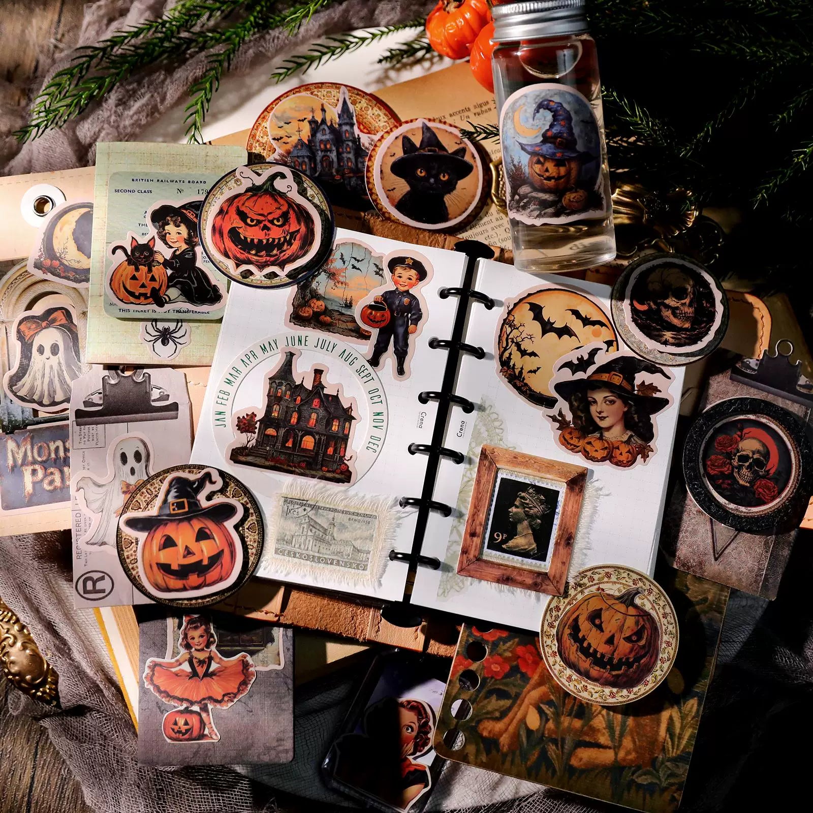 Vintage Halloween pumpkin ghost witch and skull stickers