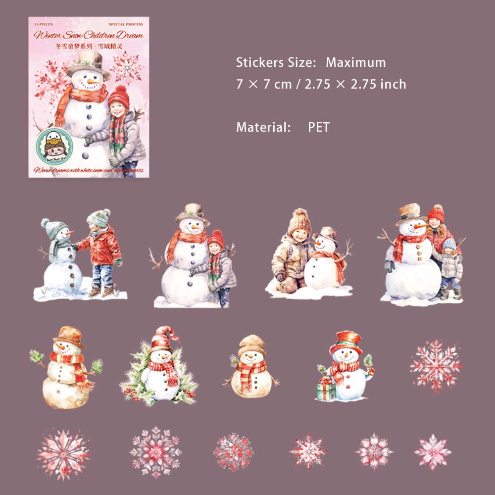 15 Pcs Christmas Snowman Snowflake PET Stickers DXTM