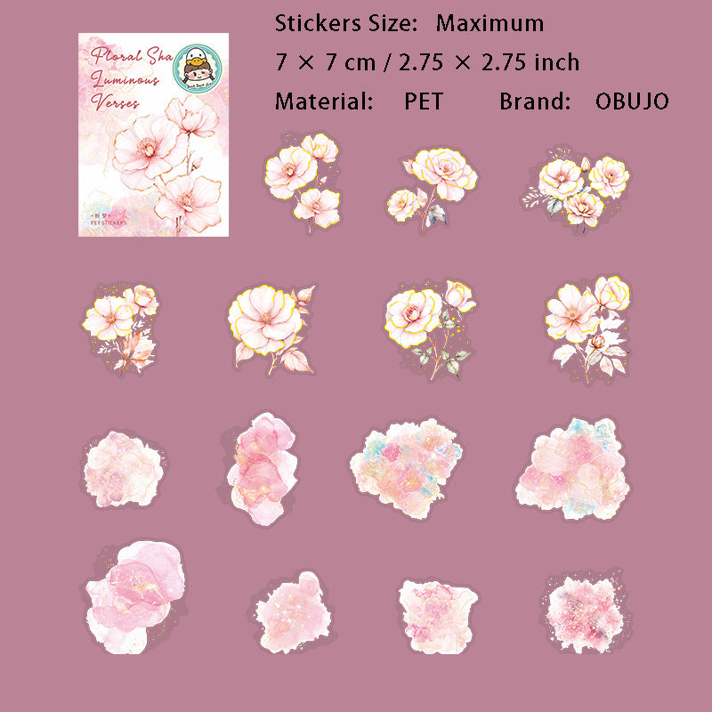 15 Pcs Glitter Watercolor Flower PET Stickers HYHZ