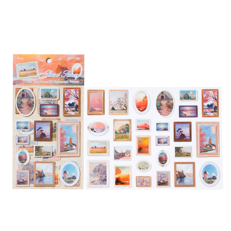2 Sheets Vintage Oil Painting Museum Frame Card Stickers  - Sunset