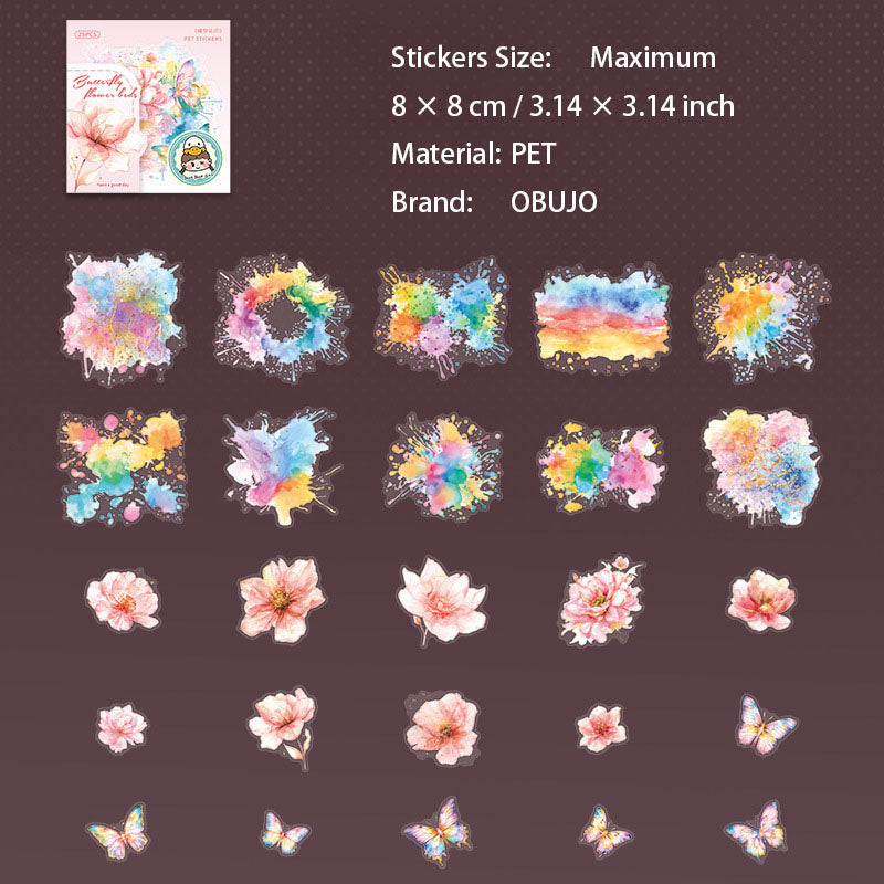 25 Pcs Watercolro Flower Butterfly PET Stickers DMHJ