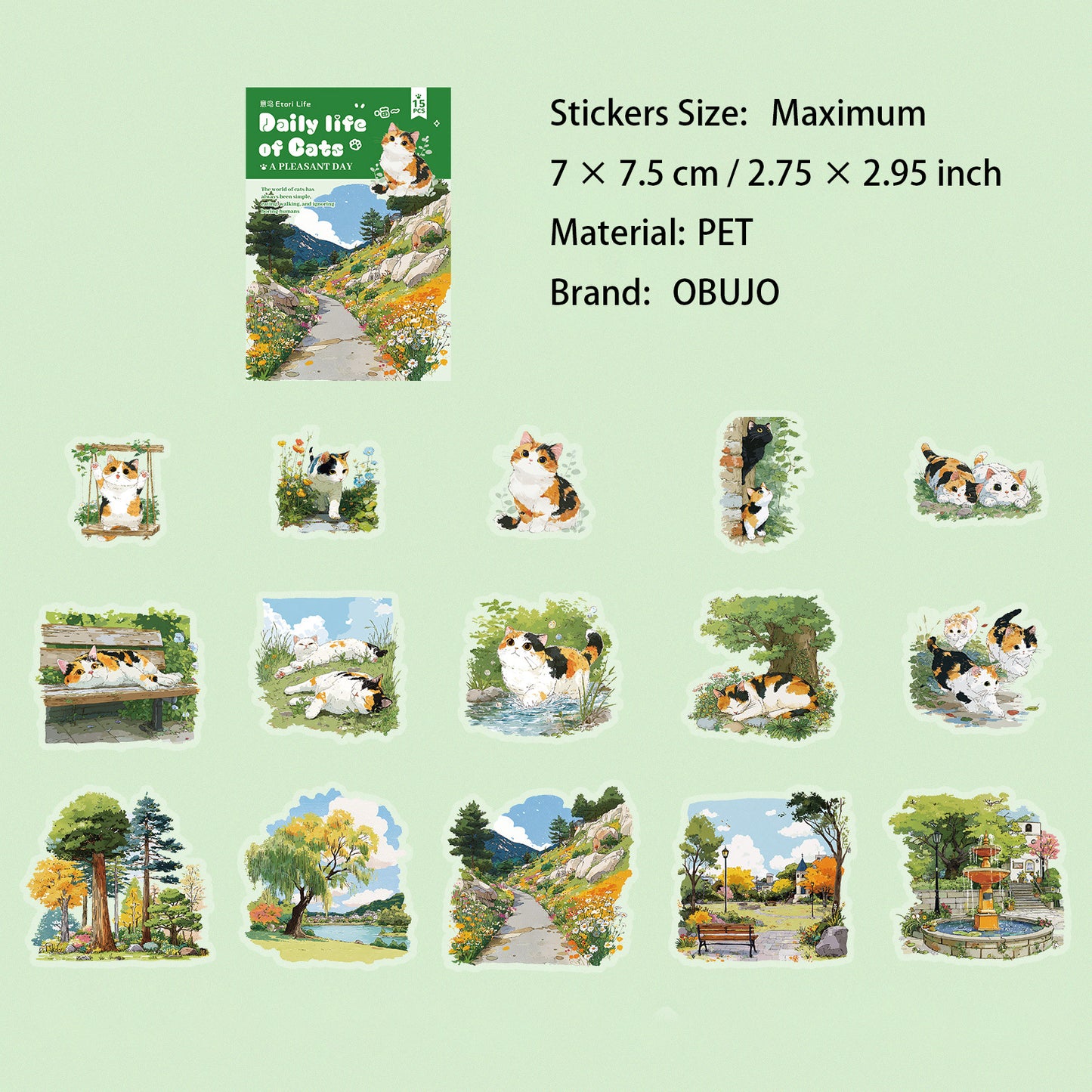 15 Pcs Cozy Cat PET Stickers MMRC