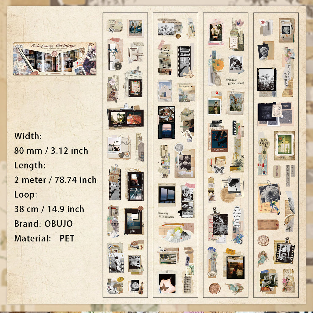4 Rolls Vintage PET Stickers Tapes Set FTJY
