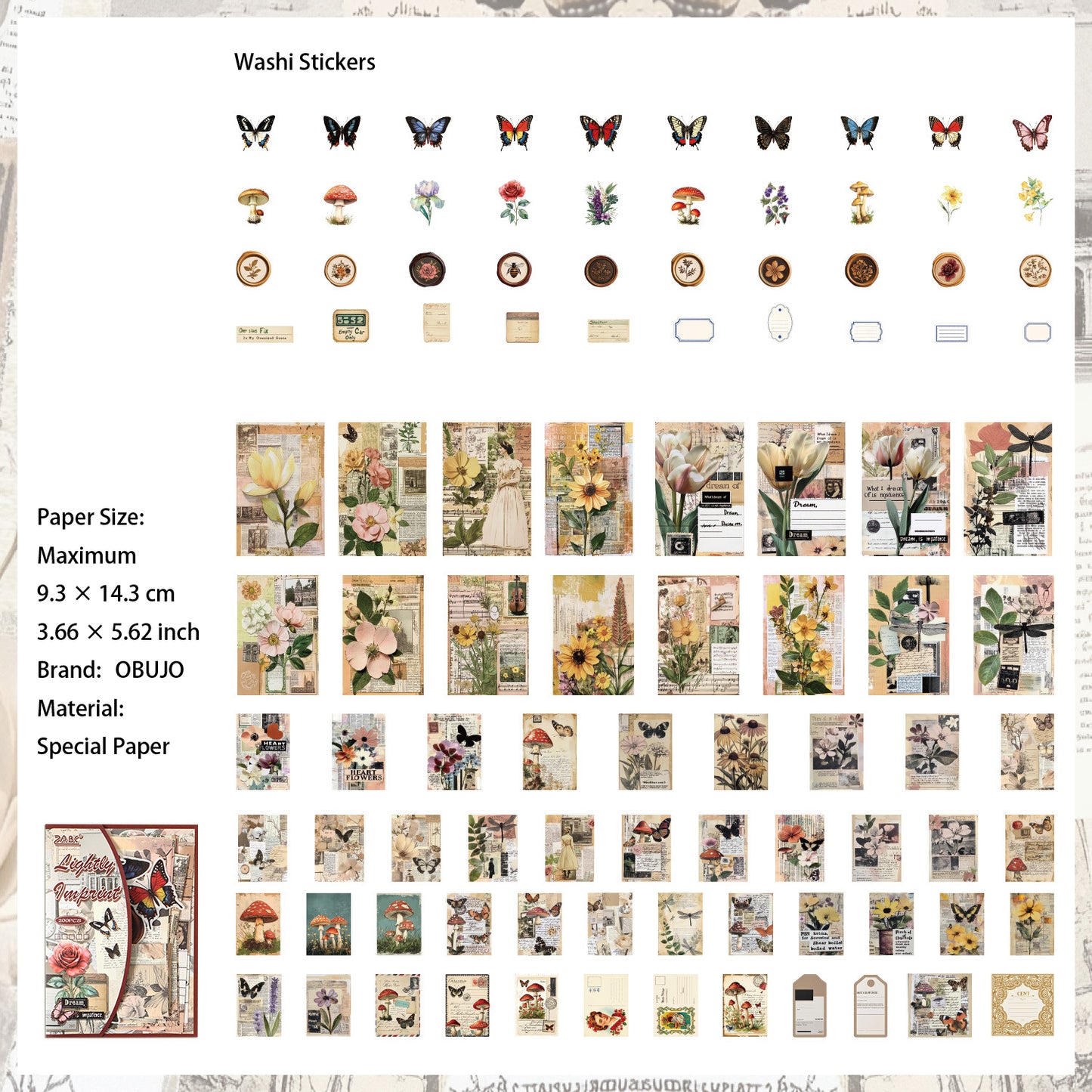200 Pcs Vintage Junk Journal Stickers and Paper Kit for Starter YXMX