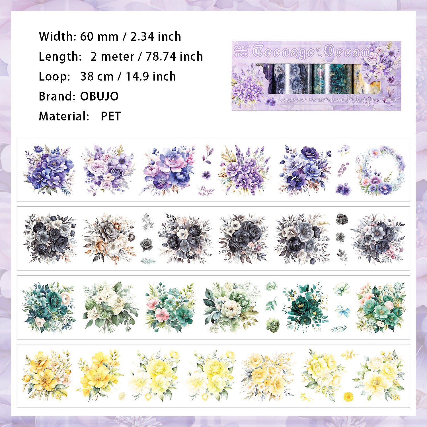 4 Rolls Flower PET Tape Set HTSY