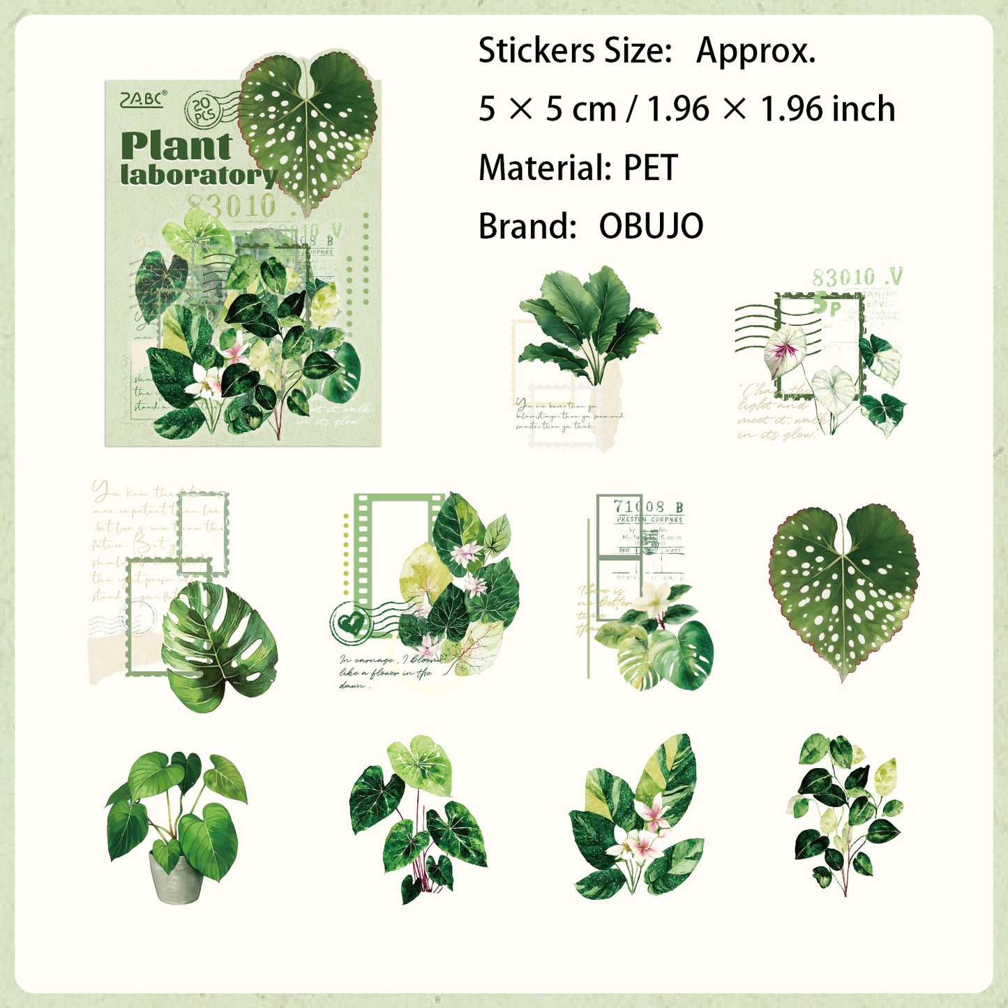 20 Pcs Green Leaf Collage PET Stickers ZWSYS
