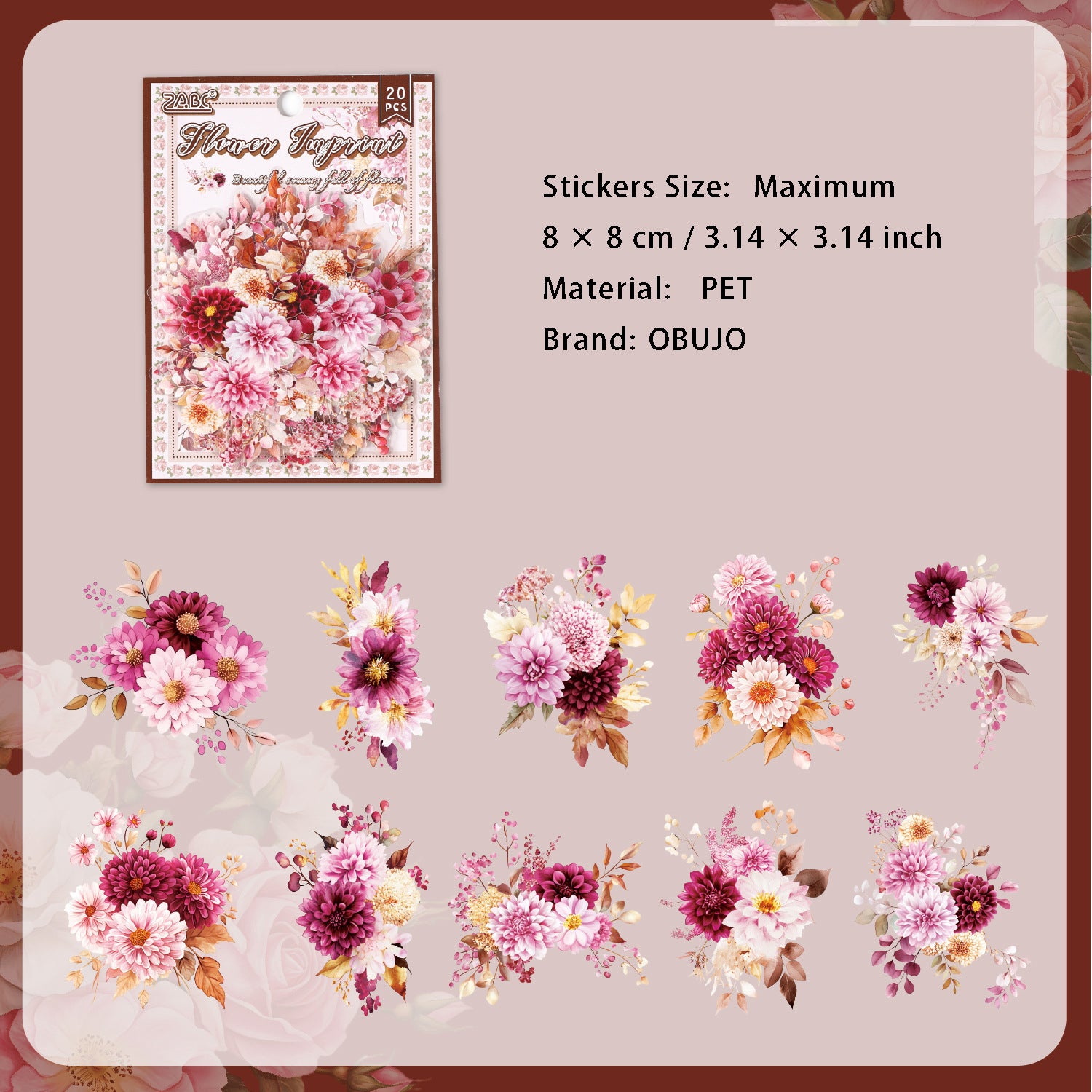 20 Pcs Pink Flower PET Stickers HMJJ