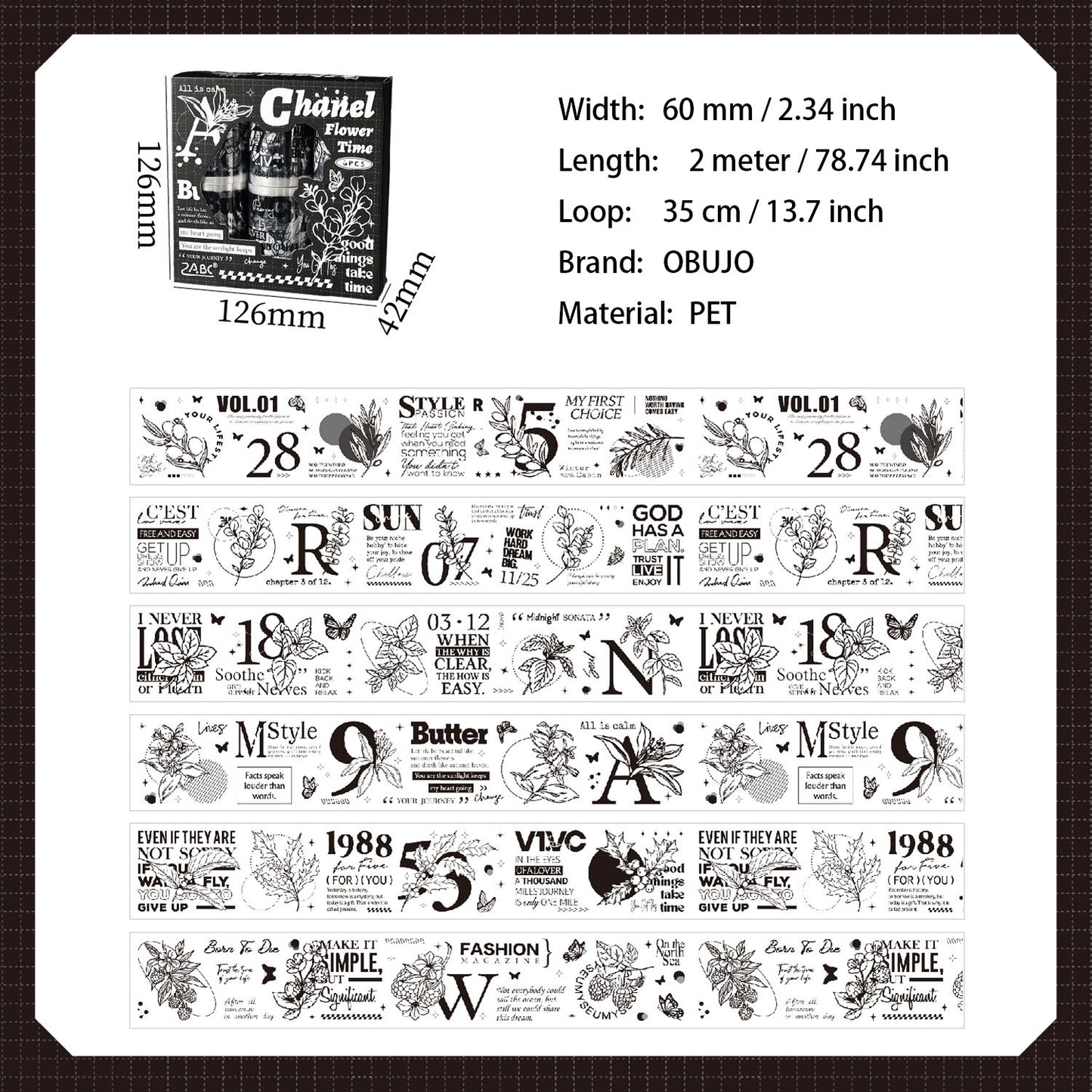 6 Rolls Vintage Floral Letter Number PET Tapes Set MBHJ