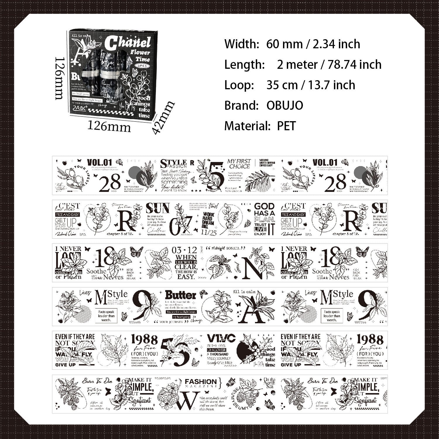 6 Rolls Vintage Floral Letter Number PET Tapes Set MBHJ