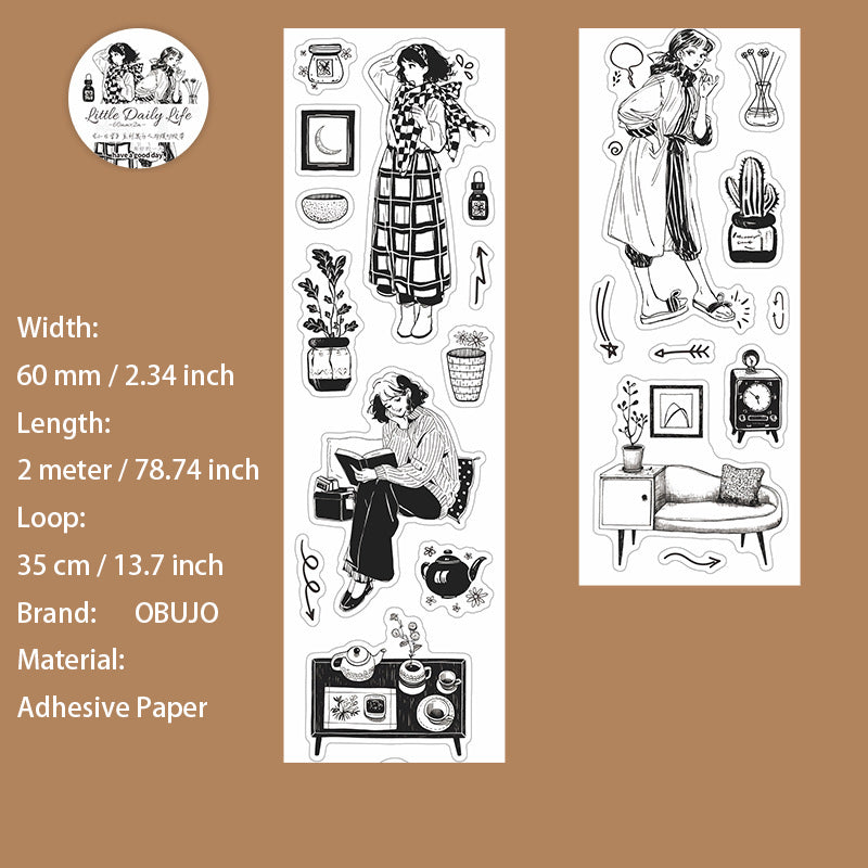 1 Roll Black White Girl Daily Washi Stickers Tape XRCX