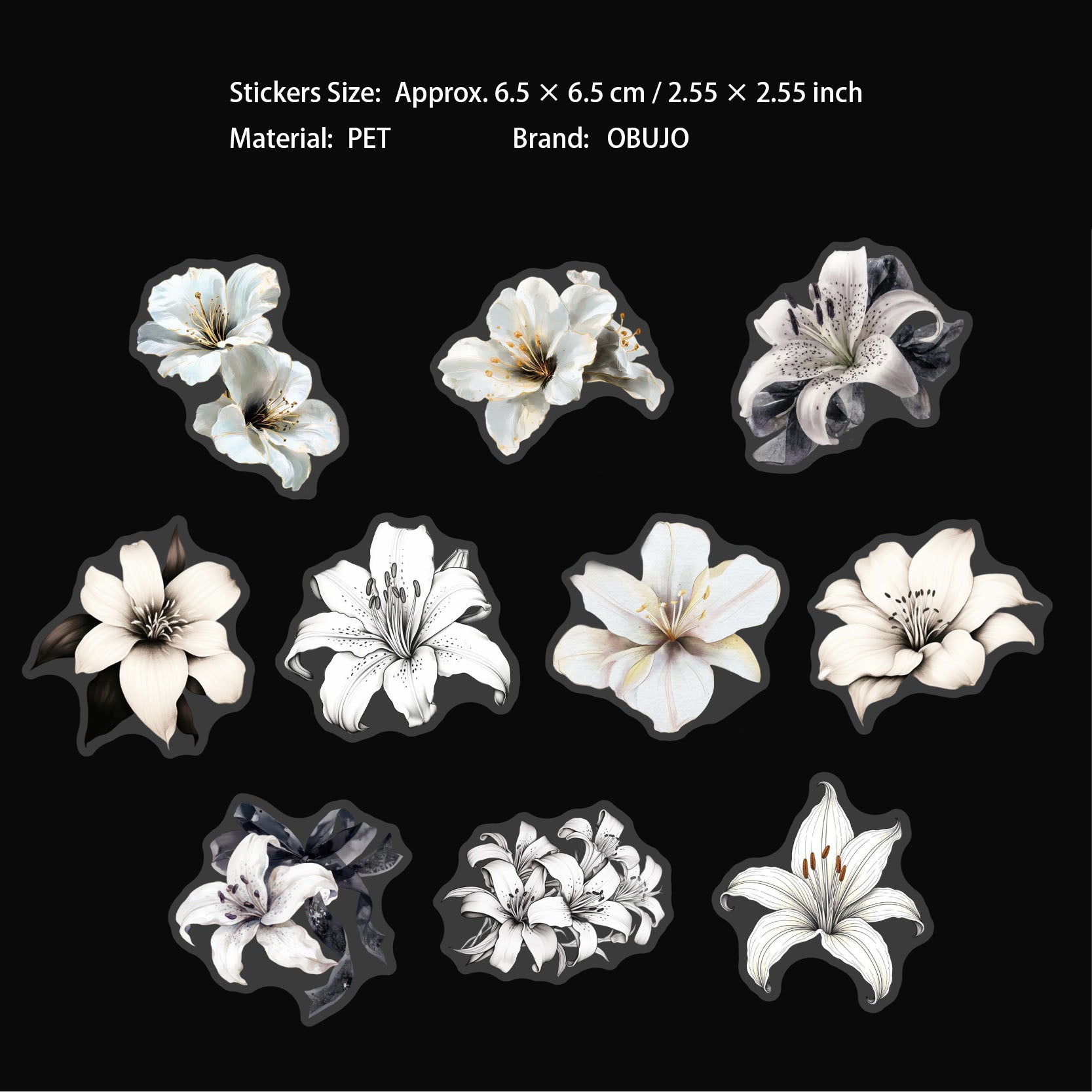 20 Pcs White Flower PET Stickers MYHP