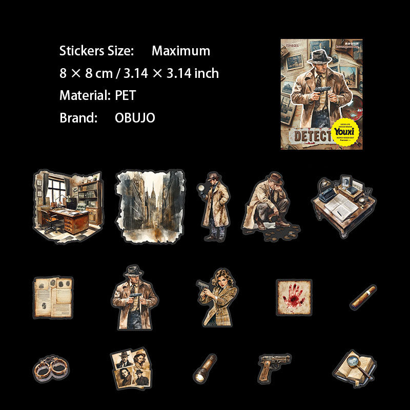 15 Pcs Detective Themed PET Stickers FEMSRZ