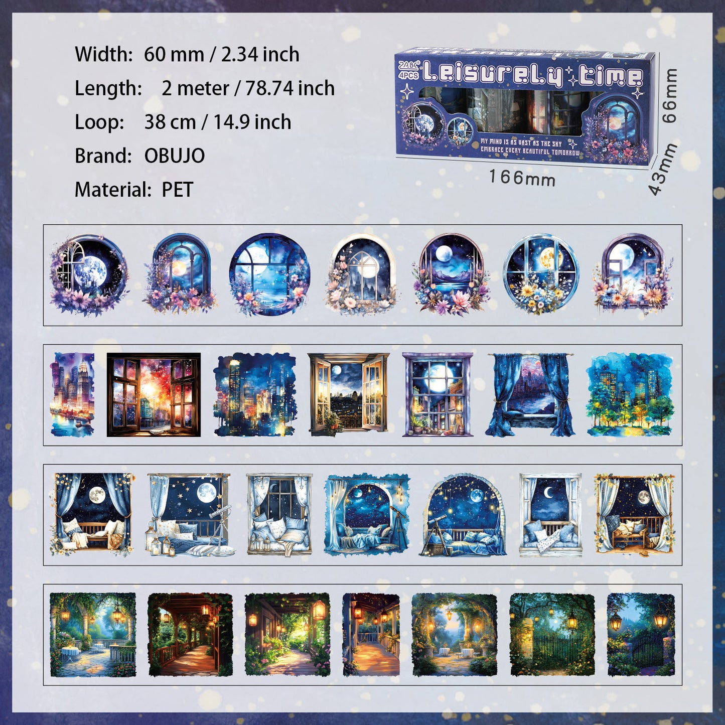 4 Rolls Moon Night PET Stickers Tape Set YKJJ