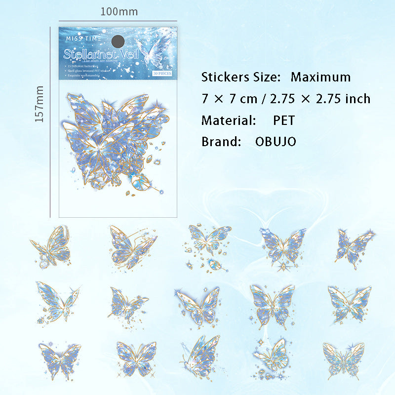 30 Pcs Shell Light Butterfly PET Stickers XMDL