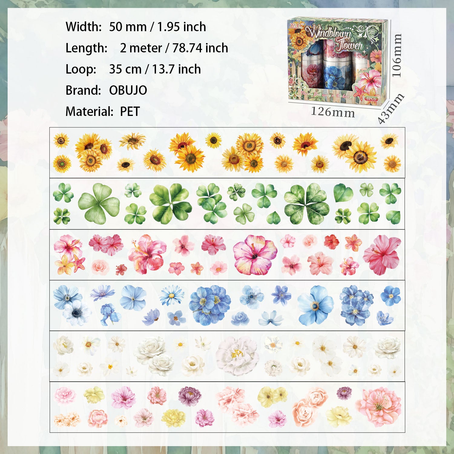 6 Rolls Flowers PET Stickers Tapes Set RRZX