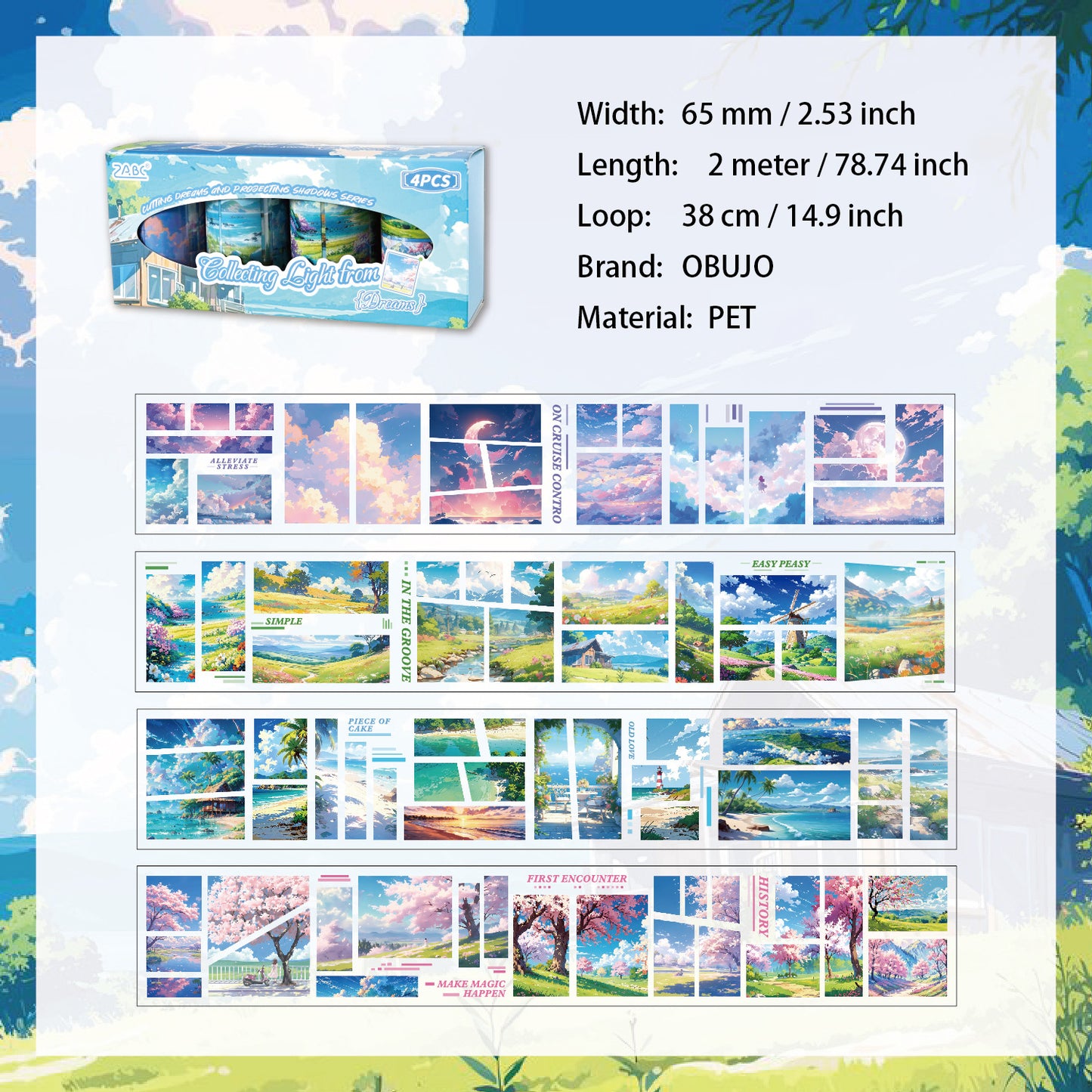 4 Rolls Natural Landscape PET Stickers Tapes Set JMTY