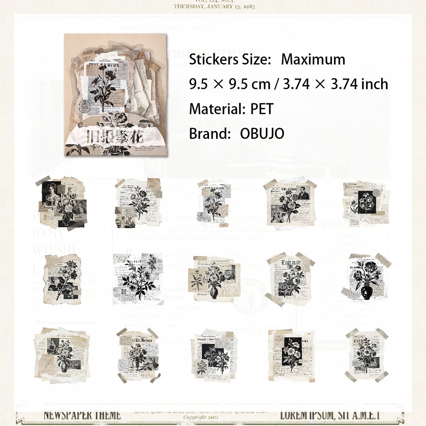 15 Pcs Vintage Newspaper PET Stickers PTJC