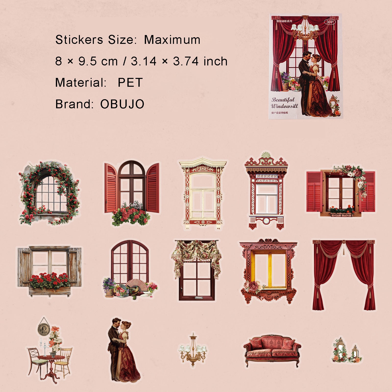 30 Pcs Vintage Window PET Stickers CJLY